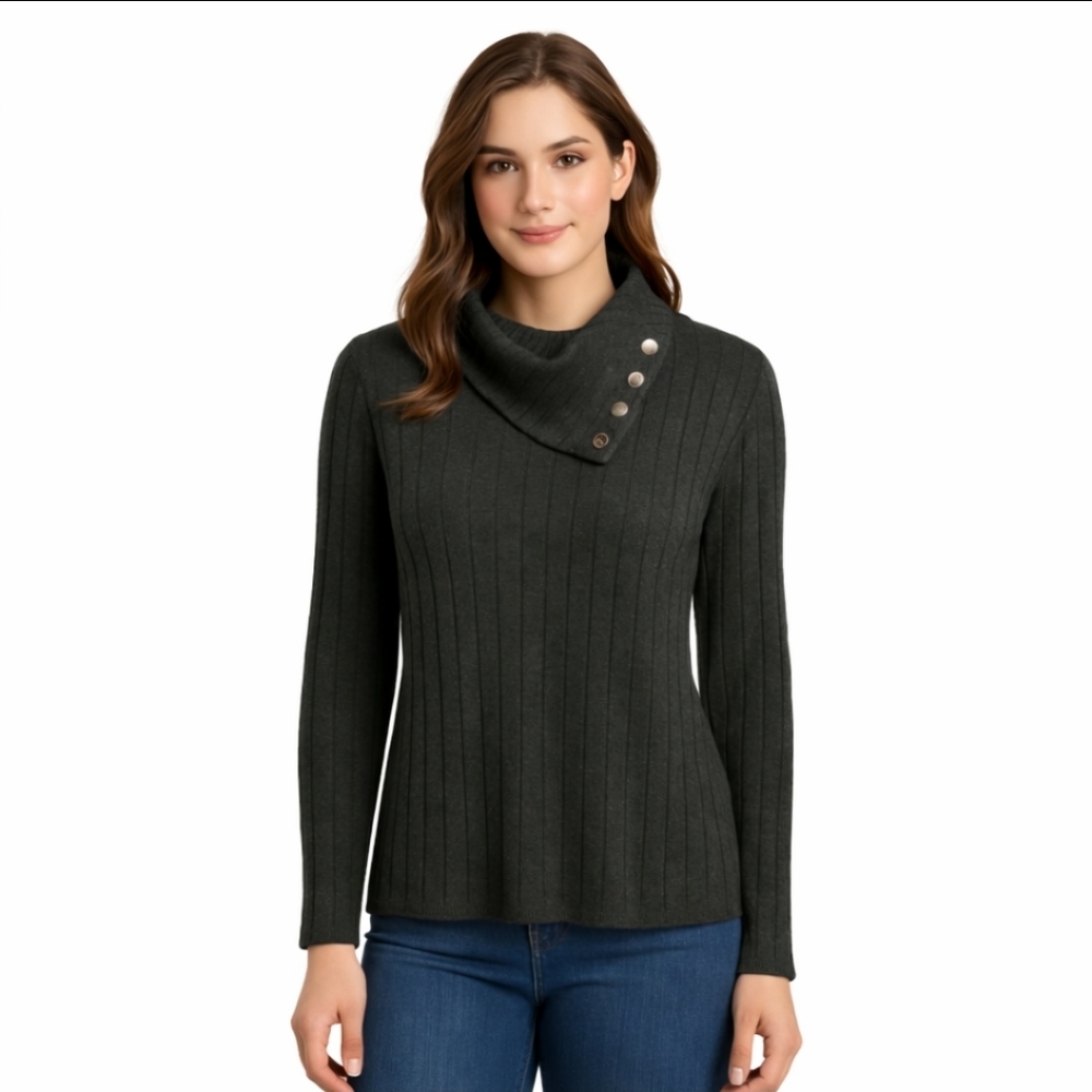 Rafaella Gray Asymmetrical Button Cowl Neck Womens Viscose Blend Sweater Sz Med